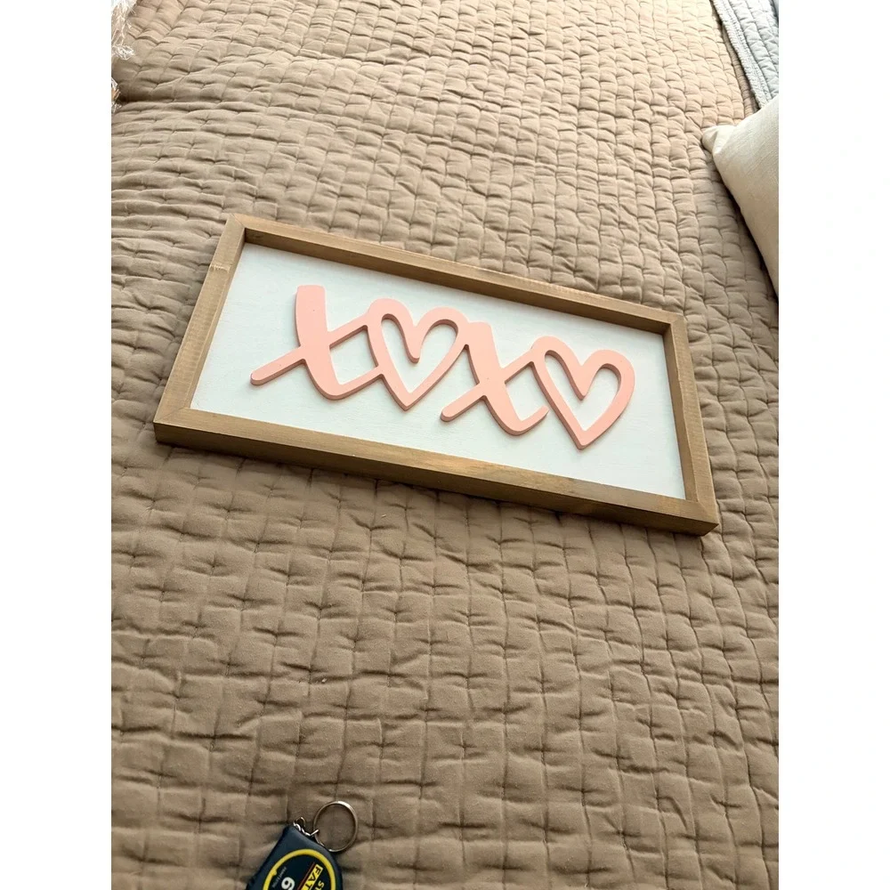XOXO Heart Wooden Framed Wall Decor Pink White Love 17X9